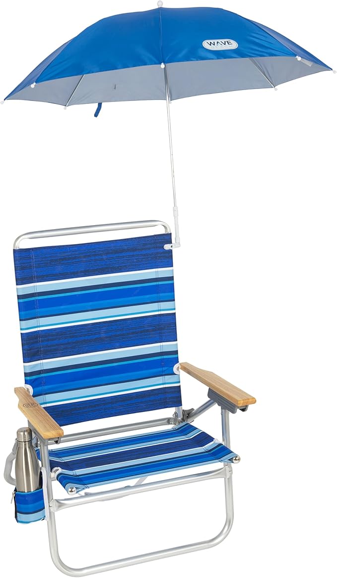 Rio Brands Wave Beach 4' Adjustable Clamp-On Beach Umbrella and Sun Shade, Lightweight Polyester Umbrella with Clamp for Chair