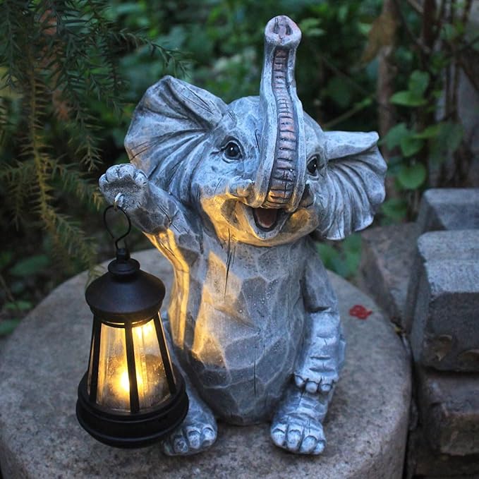 Garden Statues Elephant Solar Figurine Decor Outdoor Waterproof Lights, Yard Decorations, Garden Decor Unique Birthday Housewarming Gifts for Mom (Elephant 2)