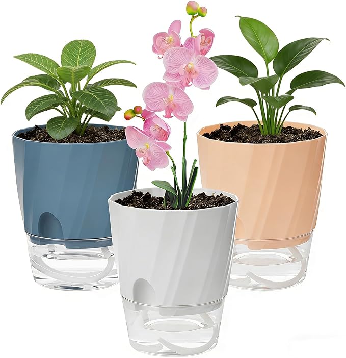 KIMCHOMERSE Self Watering Plant Pots 4.7 Inch, 3 Pack Indoor Planters with Drainage Holes & Saucers, Decorative Plastic Flower Pots for House Plants Home Office Decor (White, Pink, Blue)