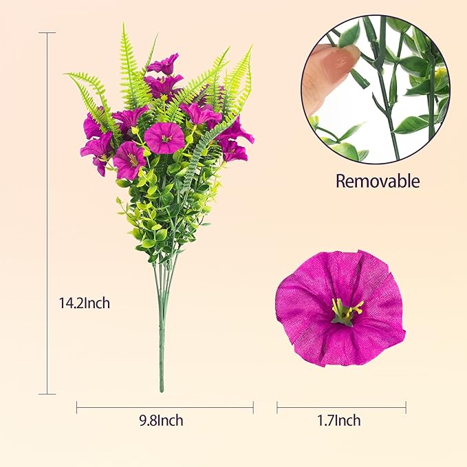 Artificial Flowers for Outdoors 12 Bundles Artificial Petunias Fake Flowers UV Resistant Shrubs Plants with Fern for Indoor Outside Hanging Planters Home Garden Spring Decorations (Magenta)