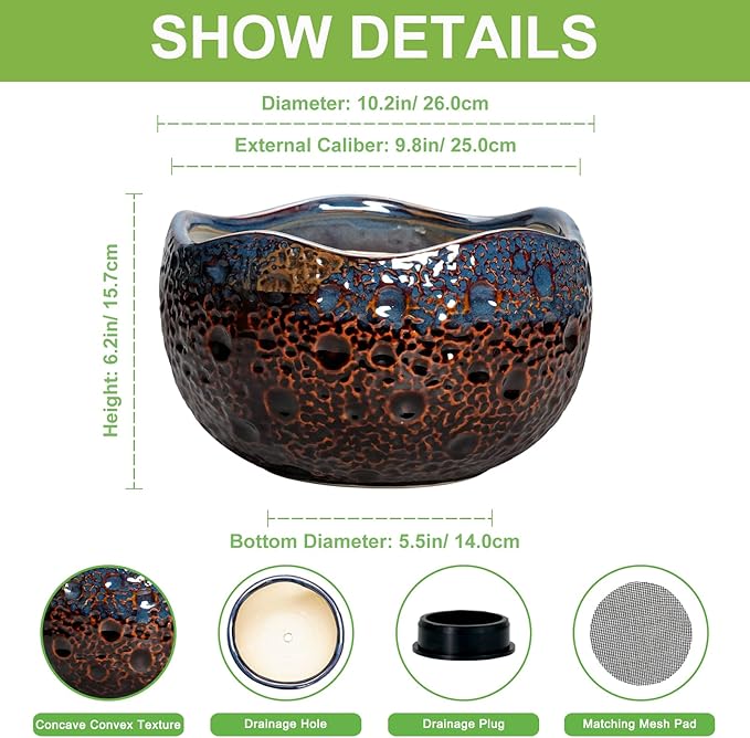 Ceramic Planter 10 Inch - Ceramic Plant Pots for Indoor Outdoor, Decorative Flower Pot with Drainage Hole and Plug, Round Unique Pots for Plants, Room Balcony Decor, Garden Gifts, Brown-blue
