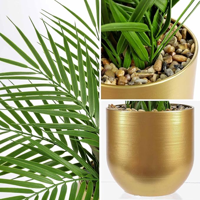 Briful Fake Plant 15.7’’ Artificial Palm Plant in Gold Pot Real Touch Faux Tropical Palm Tree Houseplant for Home Indoor Living Room Tabletop Balcony Decorations