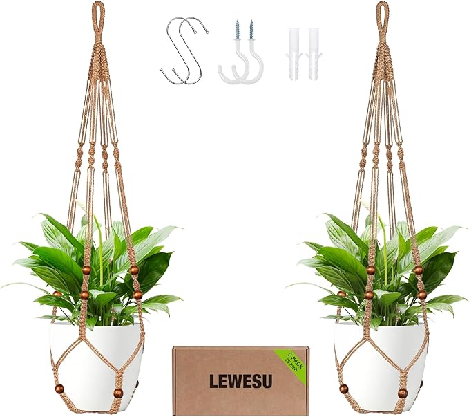 LEWESU Jute Macrame Plant Hanger Indoor Set of 2 Hanging Planter Basket Flower Pot Holder with Decorative Wood Beads & No Tassels for Indoor Outdoor Boho Home Decor, 35 Inch Brown (Pots Not Included)