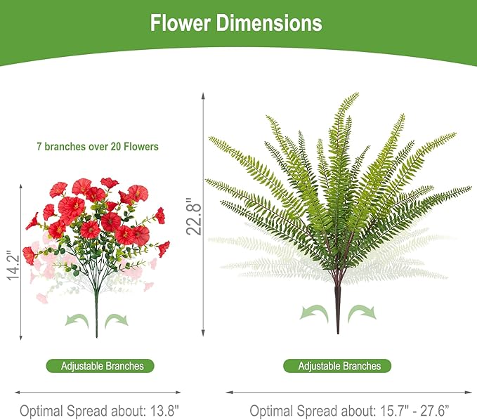Hrobek Artificial Flowers for Outdoors Faux Plants Outside Indoor,UV Resistant Silk Fake Morning Glory Tall Ferns for Home Patio Garden Back Yard Front Porch Decor (13 Bunches,5 Multi Colors)