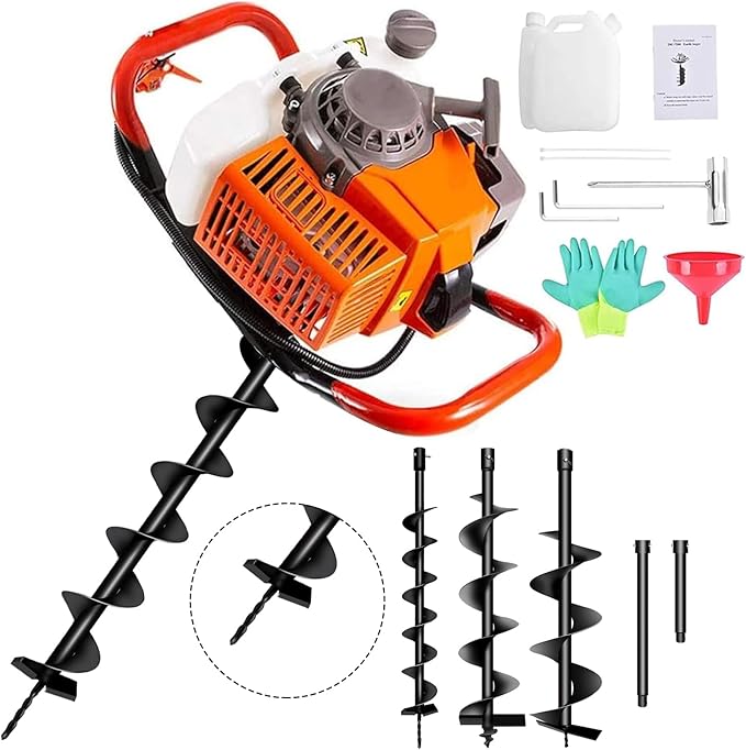 85cc Post Hole Digger 2-Stroke Petrol Gas Powered Earth Digger with 3 Auger Drill Bits (4" 6" & 8") + 2 Extension Rods （12" & 20"） for Farm Garden Plant