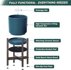 D'vine Dev Ceramic Planter with Walnut Color Stand - 14 Inch Modern Round Flower Pot with Wood Planter Holder, Teal, 55-B-T-4