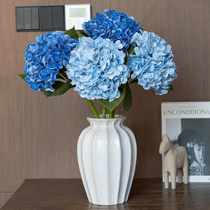 DUYONE 4Pcs 22 inch Lifelike Artificial Hydrangea, 2 Blue & 2 Dark Blue Large Flowers Artificial Flowers Dry Flowers Outdoor Wedding Christmas Office Family Party Living Room Table Deco