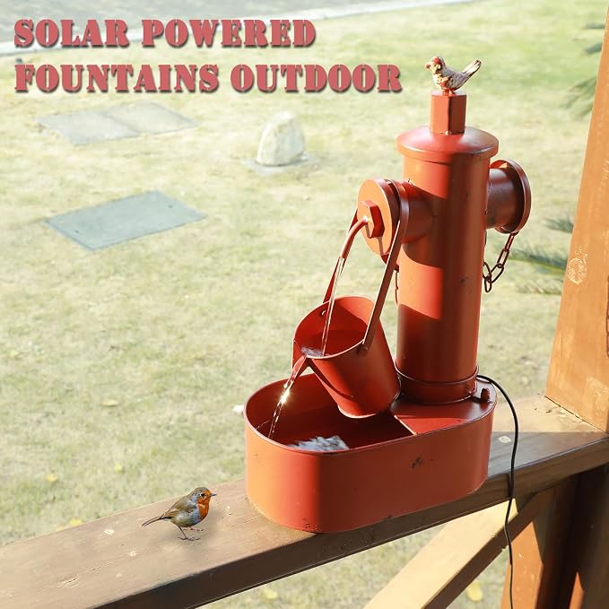 Metal Fire Hydrant Solar Water Fountain with Backup Battery,Solar Powered Water Fountain Outdoor,Solar Fountain Bird Bath for Garden, Patio & Yard Decor,Working at Night for at Least 6 Hours (red)