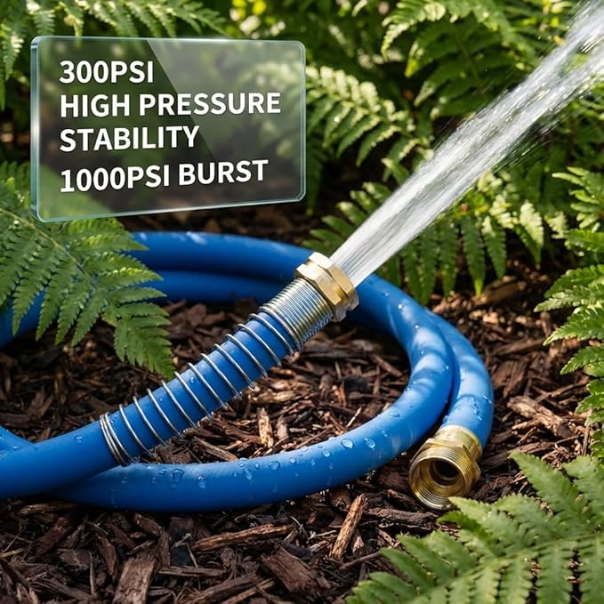 WiseFlow Garden Hose 100FT x 5/8", Heavy Duty Rubber Hose, Water Hose with Five Layered Braiding, Male Female Fittings, 1000PSI Burst, 300PSI Working (Blue)