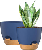 ZMTECH 10 Inch Plant Pots Set of 2 Planters for Indoor Plants Self Watering Pots Flower Pots with Drainage Holes and Saucer for Outdoor Plants(Blue with Brown)