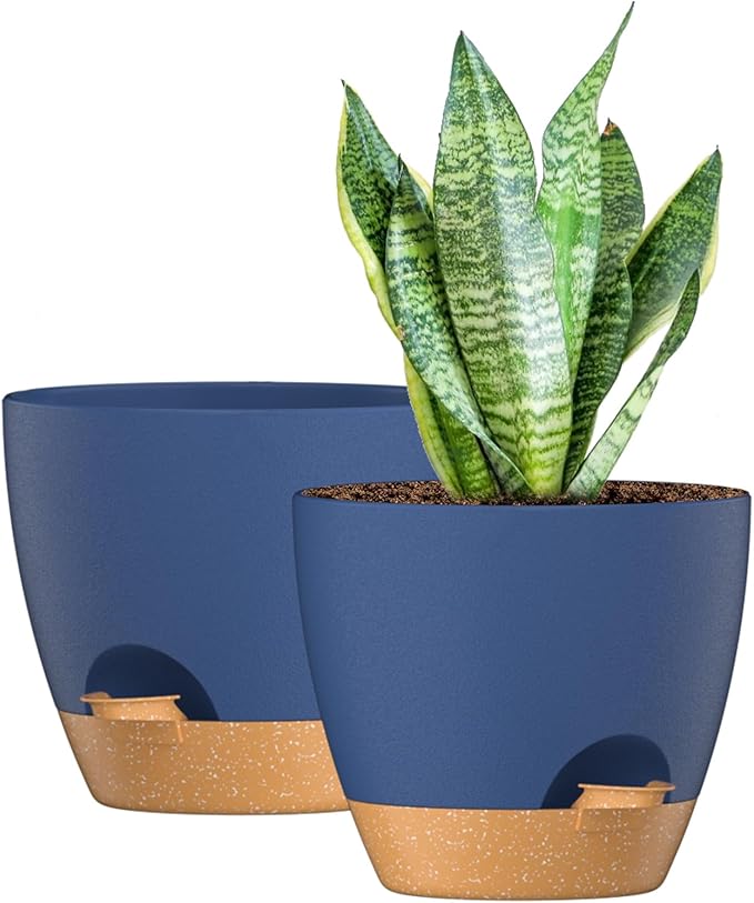 ZMTECH 10 Inch Plant Pots Set of 2 Planters for Indoor Plants Self Watering Pots Flower Pots with Drainage Holes and Saucer for Outdoor Plants(Blue with Brown)