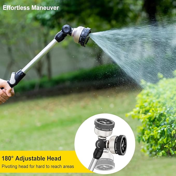 FANHAO Metal Garden Hose Wand, 16-Inch Heavy Duty Watering Wand with 9 Spray Patterns, 180° Rotating Long Garden Hose Nozzle Thumb Flow Control, Ideal to Water Hanging Baskets and Shrubs -Black