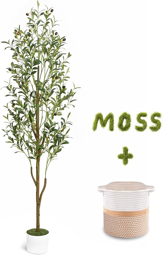 Waipfaru Artificial Olive Tree, 6FT Tall Faux Olive Trees with Planter & Basket, Artificial Plants Indoor with Natural Wood Trunk and Realistic Fruits for Home Decor Office Living Room