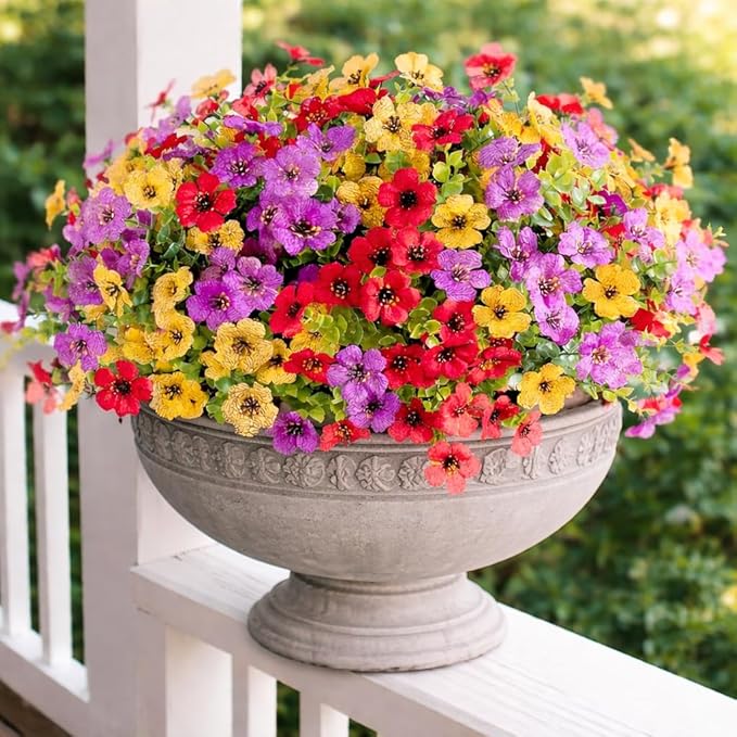 Artificial Flowers for Outdoors, 8 Bundles Faux Silk Spring Flowers for Outside for Planter Front Door Porch Yard Patio Window Box Home Decor (Colour 04-(Yellow+Pink+Rose red))