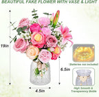 Livole 22Pcs Fake Flowers with Vase Silk Pink Artificial Flowers in Vase with Light Fake Plant Eucalyptus Flower Arrangement for Table Centerpieces Decor for Living Room Coffee Home Farmhouse
