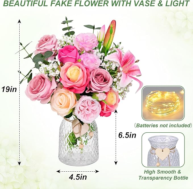Livole 22Pcs Fake Flowers with Vase Silk Pink Artificial Flowers in Vase with Light Fake Plant Eucalyptus Flower Arrangement for Table Centerpieces Decor for Living Room Coffee Home Farmhouse
