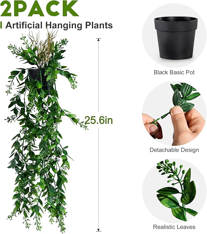 2 Pcs Faux Eucalyptus Vine Ivy Vine Artificial Hanging Plant Faux Plant Fake Potted Greenery for Wall Living Room Home Shelf Office Bathroom Outdoor Indoor Decor (Type 5)