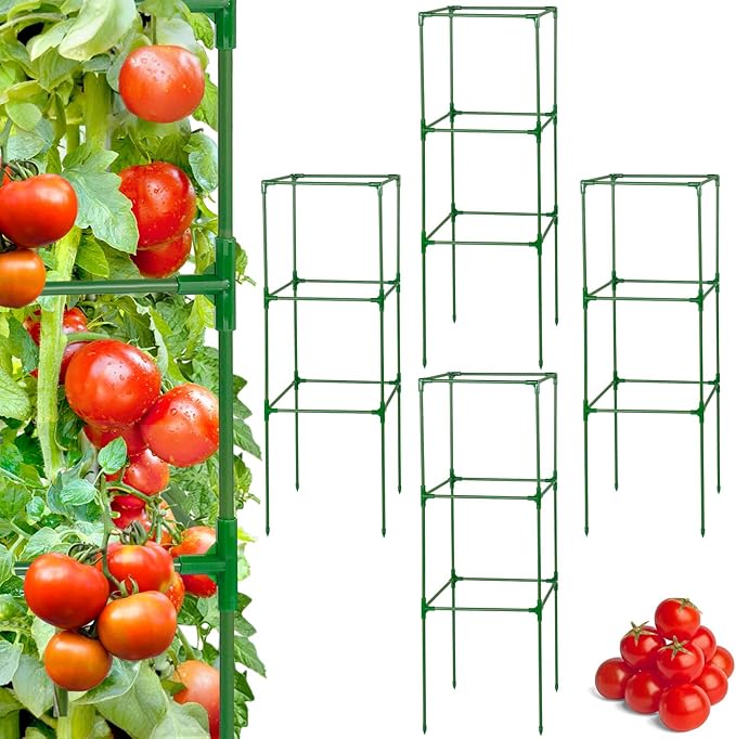 PAMASE Tomato Cages for Garden - 45x14.5x14.5in Square Tomato Plant Support Pole, Heavy Duty Steel Plant Tower Stakes Cucumber Trellis for Climbing Vegetable Flowers Fruits, 4 Pack