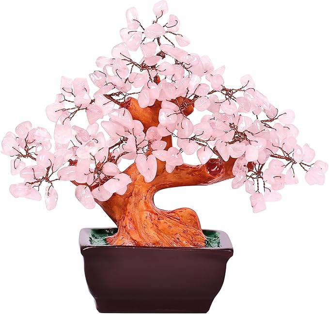 Feng Shui Natural Rose Pink Quartz Crystal Money Tree Bonsai Style Decoration for Wealth and Luck (Pink)
