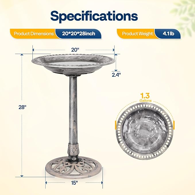 VIVOHOME Bird Bath for Outside, Polyresin Pedestal Bird Baths for Outdoor, Garden, 28 Inch Height Weather-Resistant Birdbaths with 20" Bowl, Gray