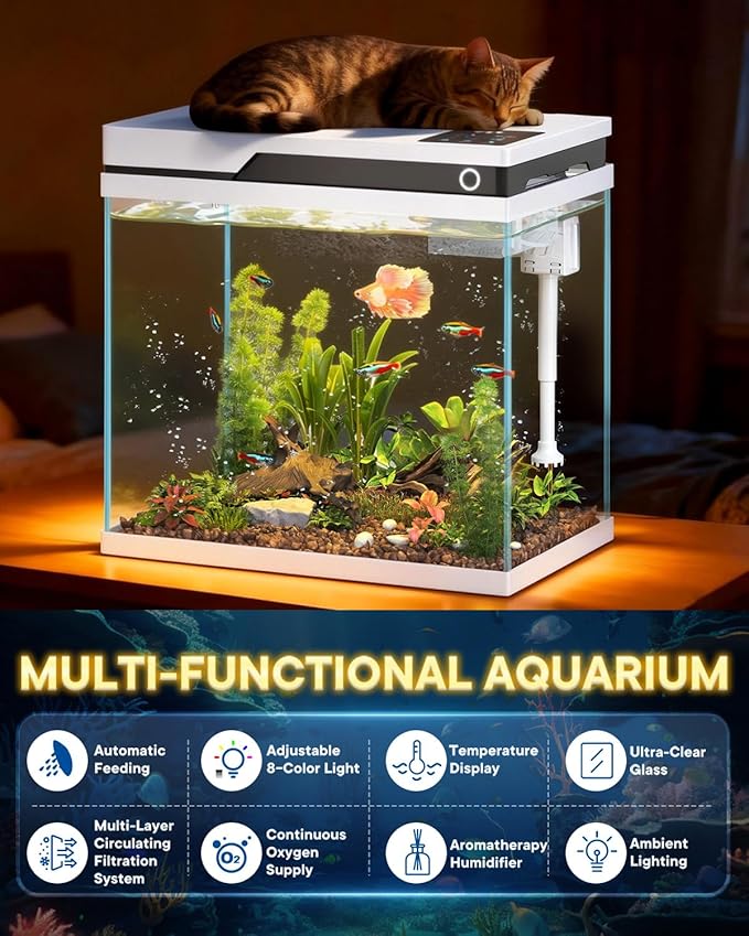 Vehipa Fish Tank, Smart Fish Aquarium Kit 7 Gallon with Auto Feeder, Humidifier, 4-in-1 Silent Pump, Adjustable Lighting & Temperature Display for Desktop, Office, Room