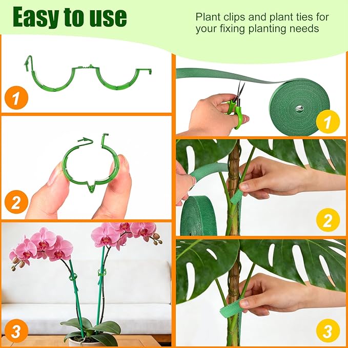 200Pcs Secured Plant Support Clips with Plant Ties 20mm 33ft - Tomato Clips Garden Tape Strap for Garden Netting Climbing Plants, Fixing Stem and Vine (Green)