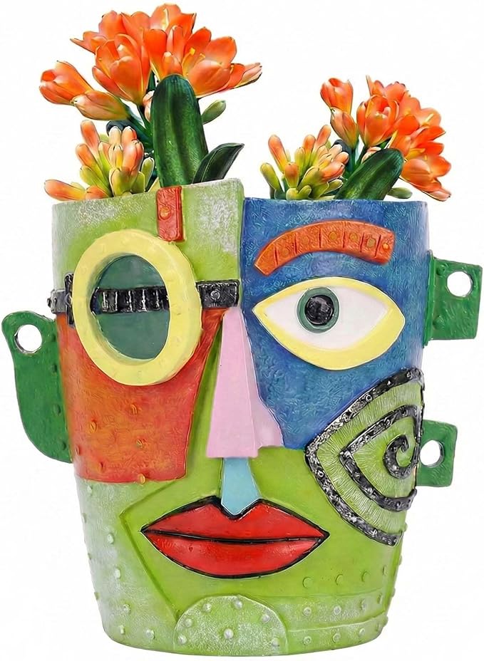 Abstract Face Planter Pot, Hand-Painted Resin Flower Pot with Top Opening for Planting, Decorative Planter for Indoor Plants, Art Accent Flowerpot Decor