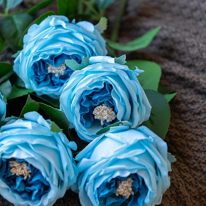 DUYONE Fake Flowers for Decoration Home Decor Artificial Flowers Austin Rose Peony Latex Fake Flower Living Room Decoration Vivid Pink Roses Peonies (Deep Blue 4pcs)