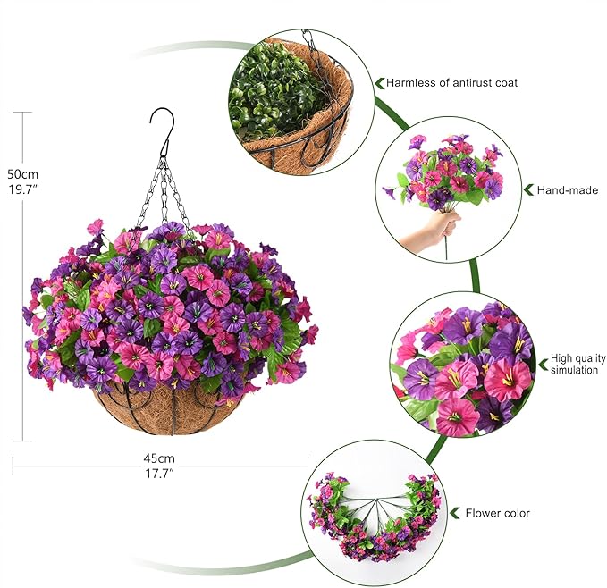 Homsunny Artificial Fake Hanging Flowers with Basket for Outdoors, Faux Silk Petunias Flower Spring Summer Decor UV Resistant Look Real Outside Patio Front Porch Decorations