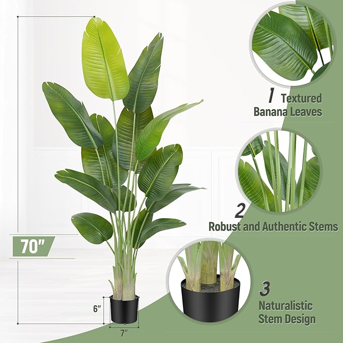 Lifelike Bird of Paradise Artificial Plant,6ft Faux Banana Leaf Tree with 13 Trunks - Perfect Indoor Silk Floor Plant for Home Decor in Living Room, Office, and Bedroom(Set of 2)