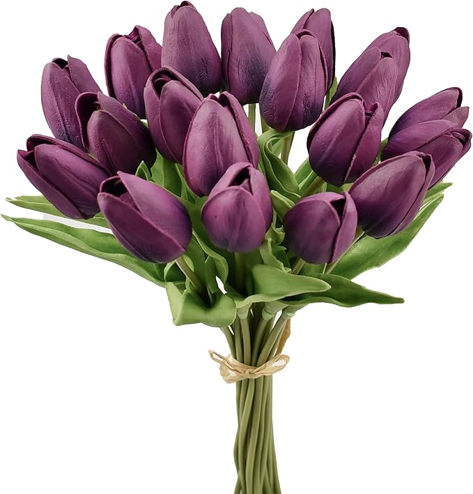 Mandy's Grape Purple Artificial Tulips Flowers Centerpiece, 13.5" Lifelike PU Fake Floral Stems 20pcs for Kitchen Island & Dining Table, Spring Decor for Easter