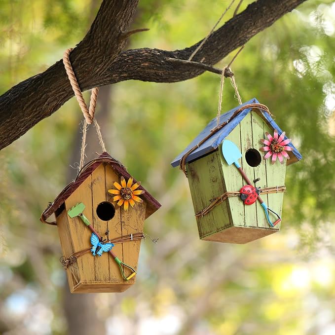 DoubleFill 2 Pcs Birdhouses for Outdoor Hanging Yard Outside Wooden Birdhouse Hand Painted Bird Box for Bird Lovers Bluebird Tree Garden Decor Decorative Birdhouse(Bright Color,Wooden Roof)