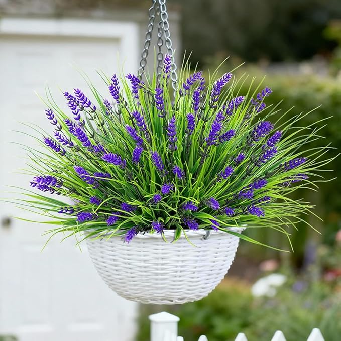 Roberly 24 Bundles Artificial Plants Outdoor, Fake Lavender Flowers UV Resistant Faux Shrubs Plastic Flowers Fake Greenery Plants for Porch Garden Window Box Home Indoor Outdoor Decorations, Purple