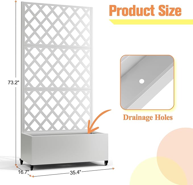 Metal Raised Garden Bed with Diamond Lattice Trellis, Outdoor Planter Box for Climbing Plants Vegetables Vines, Galvanized Garden Box with Drainage Holes and Wheels, White (35.4"L x 16.7"W x 73.2"H)