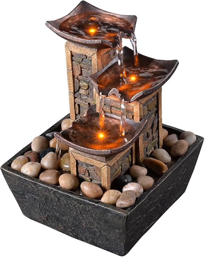 GOSSI Indoor 3-Tier Tabletop Water Fountain with Soothing Sound, Simulation Stone Pillar Design, Natural River Rocks, Reflective Lighting for Meditation and Relaxation