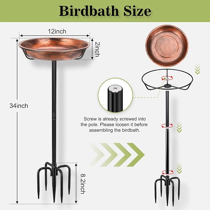 Gtongoko Metal Bird Bath for Outdoors, 34" Tall Bird Bath with 12" Removable Bowl, Heavy Duty 5-Prong Stable Base, Easy-to-Clean Heavy Duty Birdbath & Bird Feeder for Garden, Patio, Yard