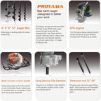 PROYAMA 54cc Post Hole Digger Gas Powered 2 Cycle Earth Auger, 5-Year Warranty Gear Box, 4 Drill Bits 4" 6" 8" 12" + Extension Rod 12" 20"