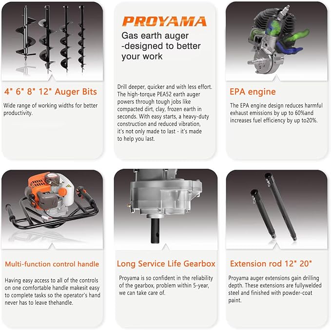 PROYAMA 54cc Post Hole Digger Gas Powered 2 Cycle Earth Auger, 5-Year Warranty Gear Box, 4 Drill Bits 4" 6" 8" 12" + Extension Rod 12" 20"