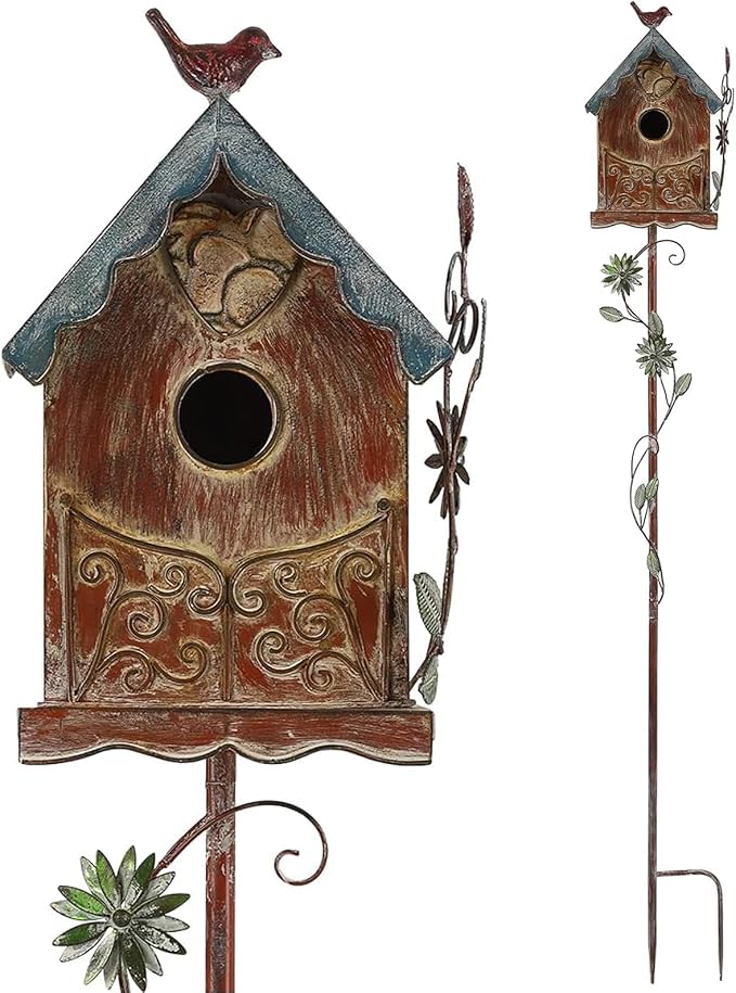 Baroque Cottage Bird House Stake for Outside with Pole, Distressed Metal Birdhouse Stand for Outdoor Garden,Purple