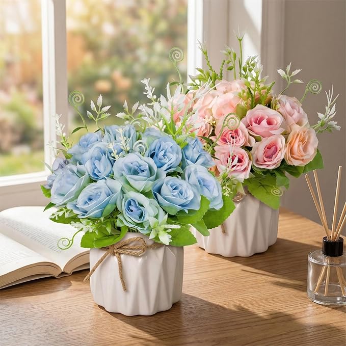 Artificial Flowers Fake Roses with Small Ceramic Vase - Desktop Decoration for Dining Tables, Living Rooms, Bedrooms, Offices for Weddings, Birthdays, Home Decor (Blue)