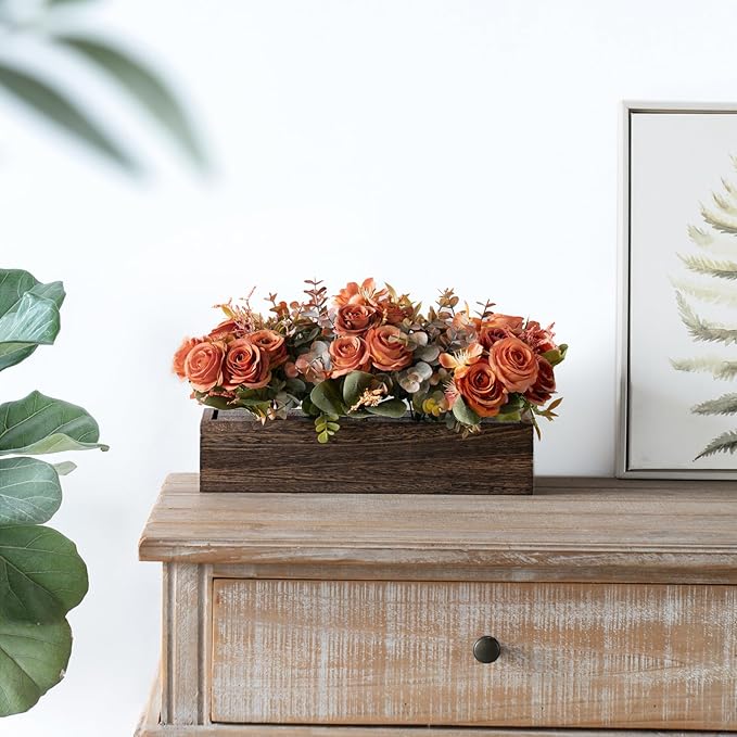 Dahey Centerpiece Table Decorations for Dining Room Farmhouse Living Room Fall Table Centerpieces Decor Wood Tray with 3 Artificial Flowers and 2 Eucalyptus for Kitchen Table, Orange