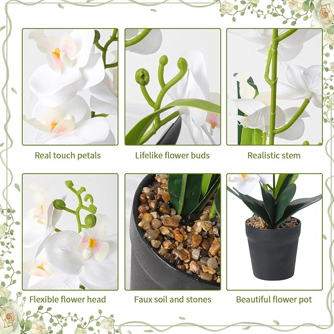 White Artificial Orchids Flowers in Pot, Faux Orchids Fake Flowers Potted Plants Real Touch Phalaenopsis Orchids Table Centerpiece for Home Living Room Bathroom Office Decor