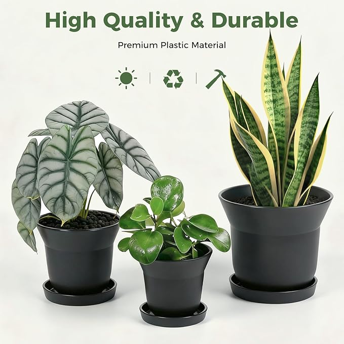 Bamworld Plant Pots Planters for Indoor Plants Flower Pots with Drainage Holes 3.5/4.9/6.3 Inch Set of 3 Plastic Planters for Outdoor Plants Garden Office Room Home Decor Textured Black
