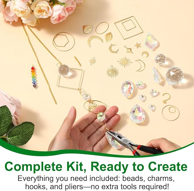 Rivvlive DIY Crystal Suncatcher Kit 400 Pcs Sun Catchers Making Supplies Kit with 3 Size Tall Trellis for Potted Plants Indoor Plant Stake Suncatcher Decoration for Indoor Windows Office Home Decor