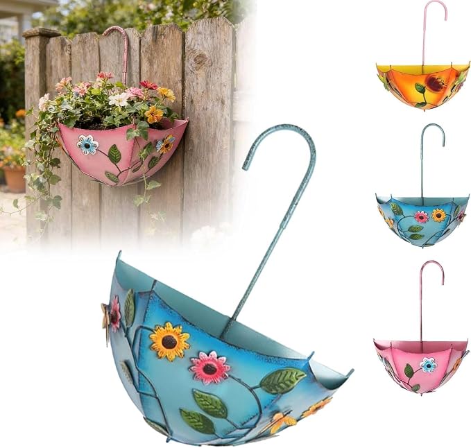 Plant Umbrellas for Outdoor Plants, Farmhouse Umbrella Shaped Wall Hanging Planter – Metal Iron Art with Drainage Holes, No-Drill Rustproof Flower Pot for Yard, Patio, Balcony