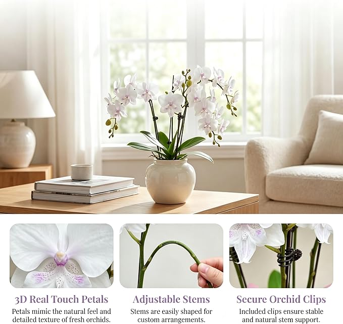 5 Pack Real Touch Artificial Orchids - Silk Flowers for Home Decor, Zero Maintenance Fake Flowers for Vase, Living Room, Office, Bedroom Decoration, Realistic Indoor Artificial Plants