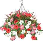 Artificial Flowers Hanging Baskets for Outdoors, 5PCS UV Resistant Faux Outdoor Plants, Fake Petunias Silk Flowers for Garden Balcony Yard Porch Decor (White Red Pink)