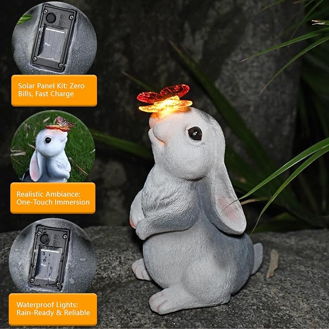 Solar Garden Statue Outdoor Decor Rabbit Figurines with LED Butterfly Lights, Bunny Statues Patio Ornament Decor for Lawn Balcony Yard, Gifts for Mum Grandmom on Birthday Mother's Day