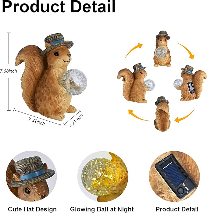 Solar Squirrel Figurine Garden Decor with LED Glowing Ball, Outdoor Statues Decorations for Yard, Patio, Lawn - Unique Gifts for Women Mom Grandma