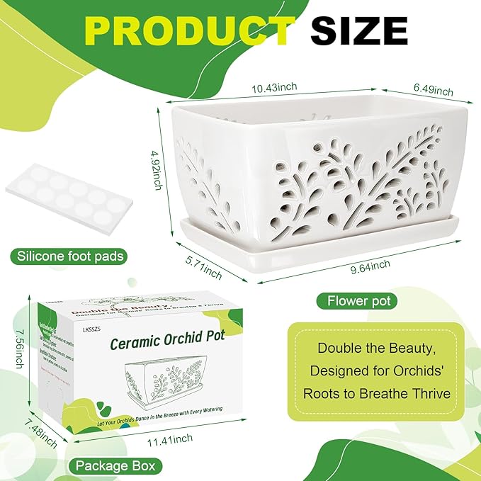 Ceramic Orchid Pot, 10 Inch Orchid Pots with Holes, Premium Thickened Handmade Glazed Pot for Orchidaceae Plants, Indoor Outdoor Decorative Flower Pots for Easy Repotting
